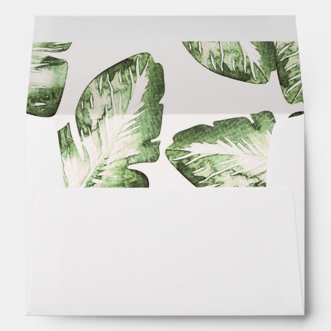 Elegant White Green Tropical Beach Leaves Wedding Envelope (Back (Bottom))