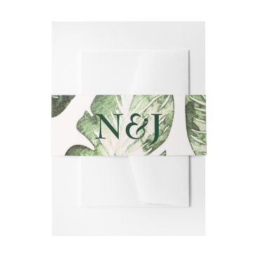Elegant White Green Tropical Beach Leaves Wedding Invitation Belly Band Elegant White Green Tropical Beach Leaves Wedding Invitation Belly Band