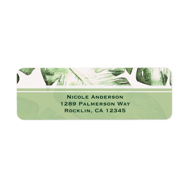 Elegant White Green Tropical Beach Leaves Wedding Label (Front)