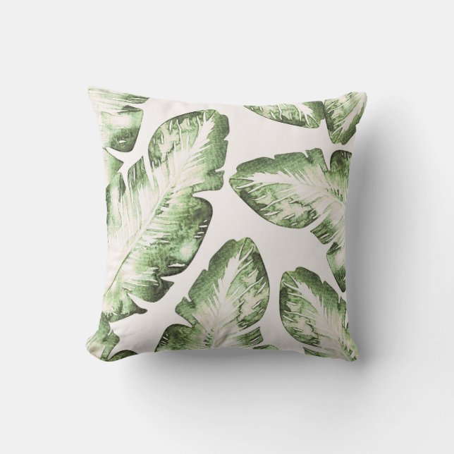 Elegant White Green Tropical Leaves Chic Island Throw Pillow (Front)