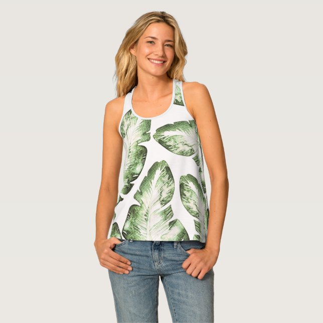 Elegant White Green Tropical Leaves Pattern Print Tank Top (Front Full)