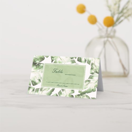 Elegant White Green Tropical Leaves Table Seating Place Card