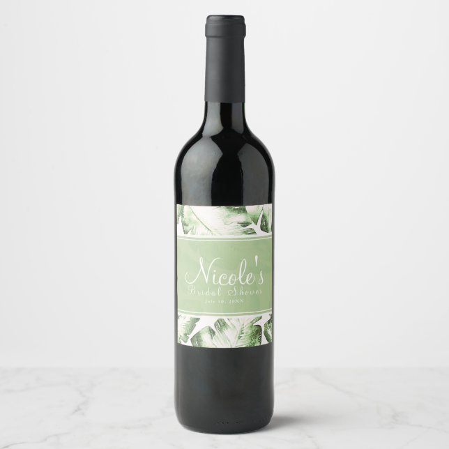 Elegant White Green Tropical Leaves Wedding Wine Label (Front)