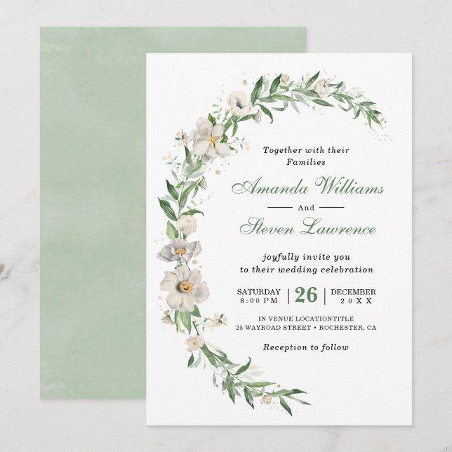 Elegant white green vintage floral wedding invitation (Front/Back)