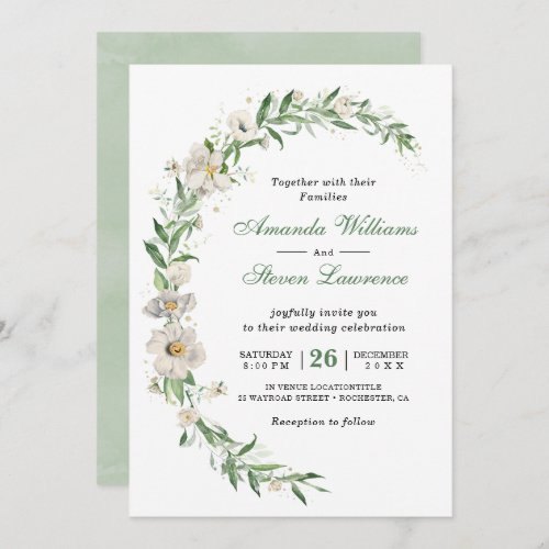 Elegant white green vintage floral wedding invitation