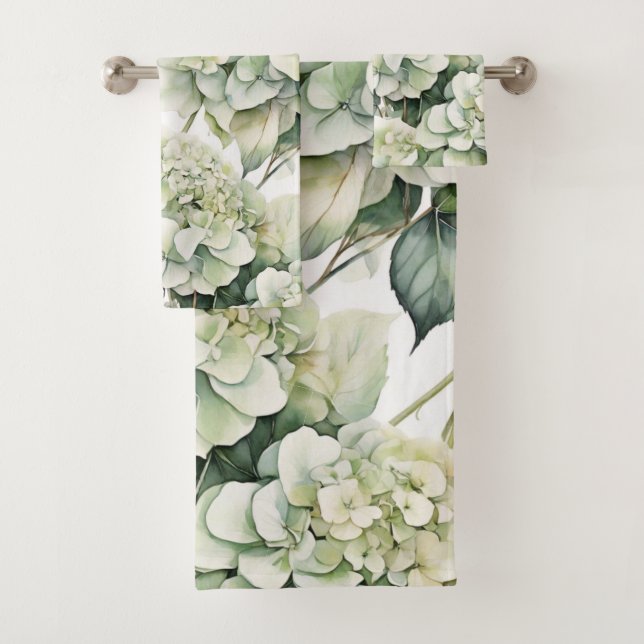 Elegant white green watercolor floral hydrangeas bath towel set (Insitu)