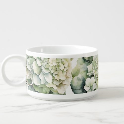 Elegant white green watercolor floral hydrangeas bowl