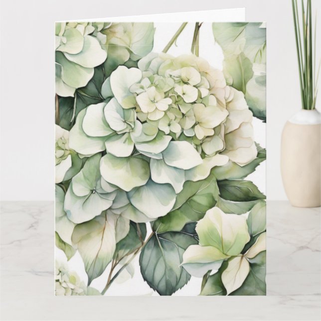 Elegant white green watercolor floral hydrangeas card (Front)