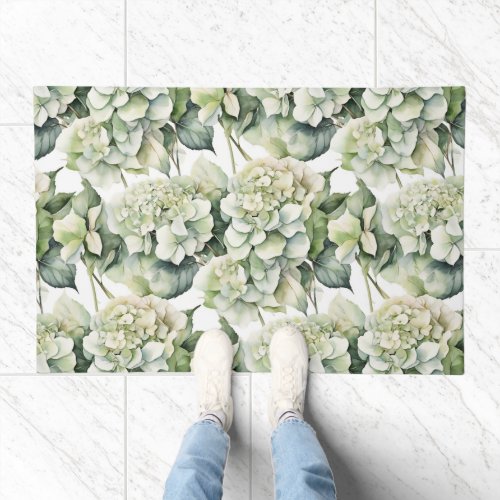 Elegant white green watercolor floral hydrangeas doormat