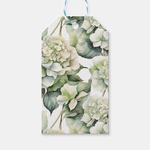 Elegant white green watercolor floral hydrangeas gift tags
