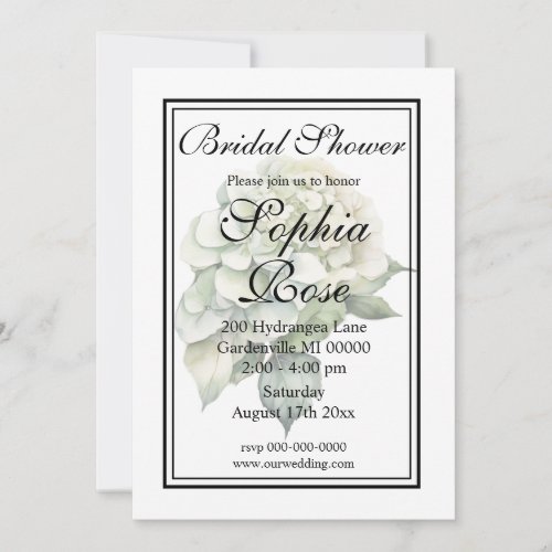 Elegant white green watercolor floral hydrangeas invitation