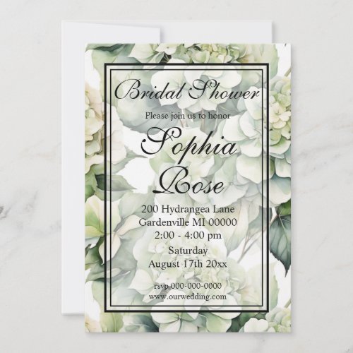 Elegant white green watercolor floral hydrangeas invitation
