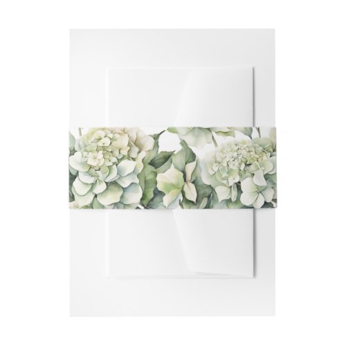 Elegant white green watercolor floral hydrangeas invitation belly band