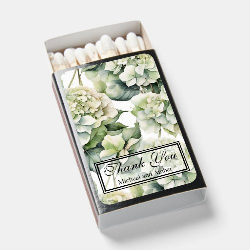Elegant white green watercolor floral hydrangeas matchboxes