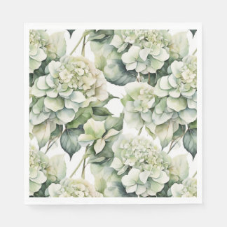 Elegant white green watercolor floral hydrangeas napkins