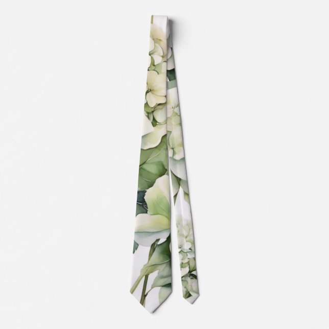 Elegant white green watercolor floral hydrangeas neck tie (Front)