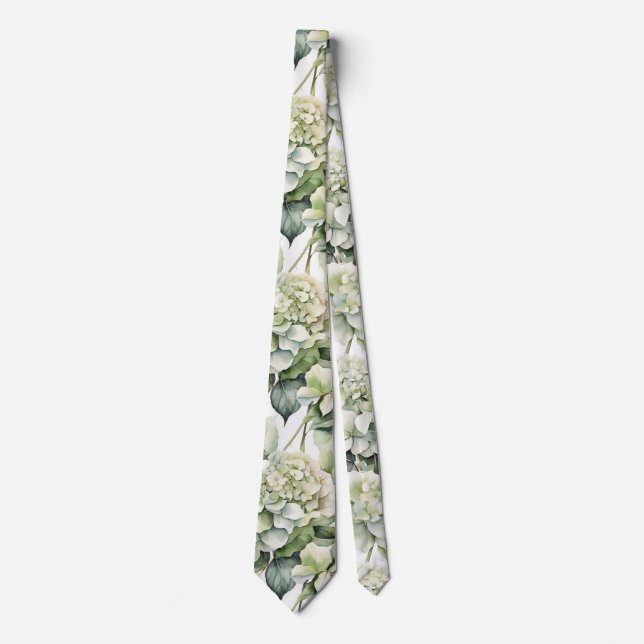 Elegant white green watercolor floral hydrangeas neck tie (Front)