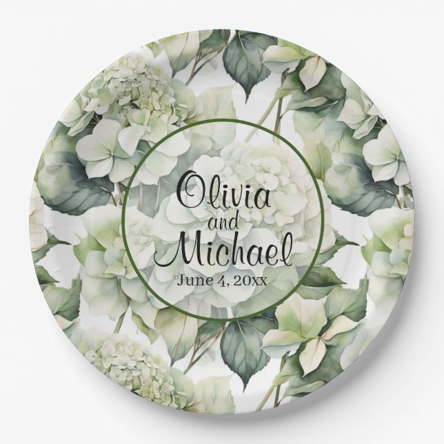 Elegant white green watercolor floral hydrangeas  paper plates (Front)