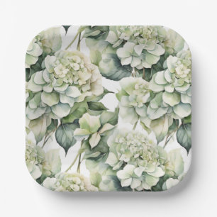 Elegant white green watercolor floral hydrangeas paper plates