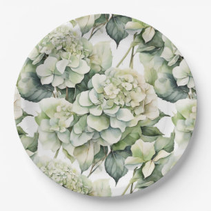 Elegant white green watercolor floral hydrangeas paper plates
