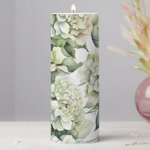 Elegant white green watercolor floral hydrangeas pillar candle