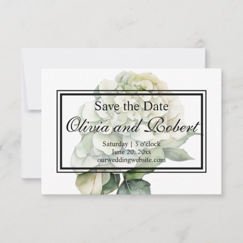 Elegant white green watercolor floral hydrangeas save the date