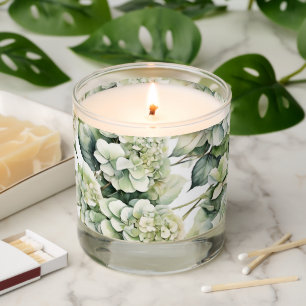 Elegant white green watercolor floral hydrangeas scented candle