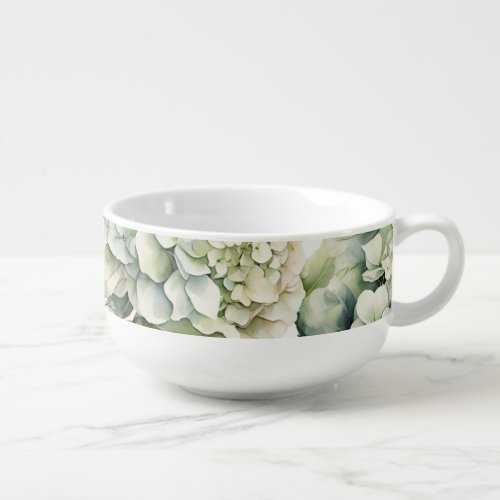 Elegant white green watercolor floral hydrangeas soup mug