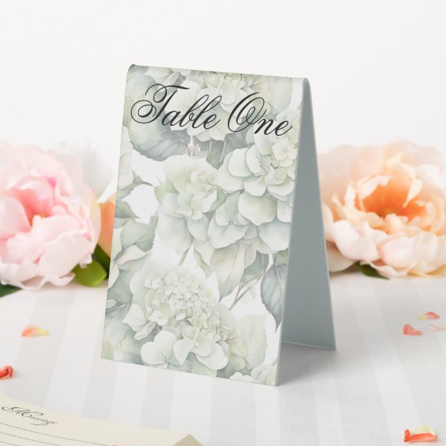 Elegant white green watercolor floral hydrangeas table tent (In SItu (Wedding))