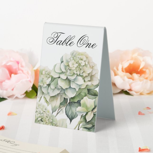 Elegant white green watercolor floral hydrangeas table tent (In SItu (Wedding))