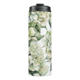 Elegant white green watercolor floral hydrangeas thermal tumbler