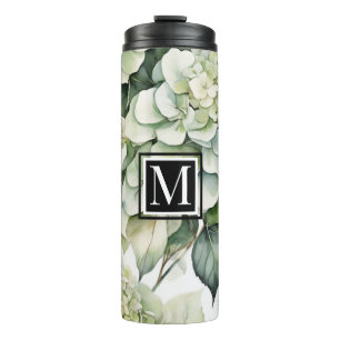 Elegant white green watercolor floral hydrangeas thermal tumbler