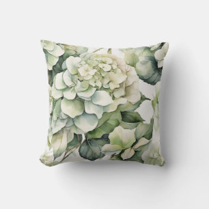 Elegant white green watercolor floral hydrangeas throw pillow