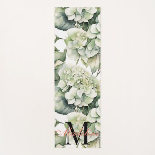 Elegant white green watercolor floral hydrangeas yoga mat