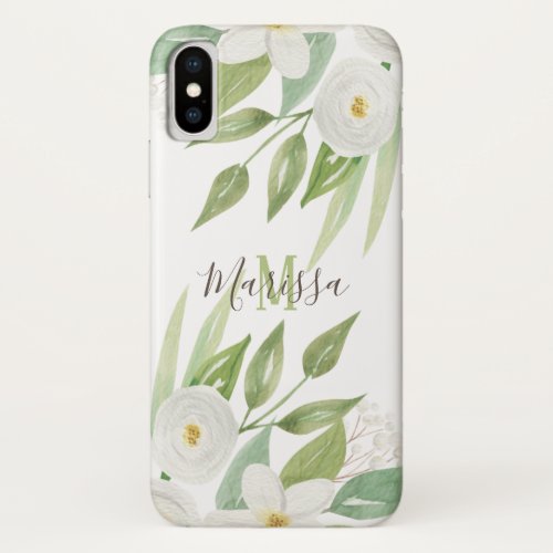 Elegant White  Green Watercolor Floral Monogram iPhone XS Case