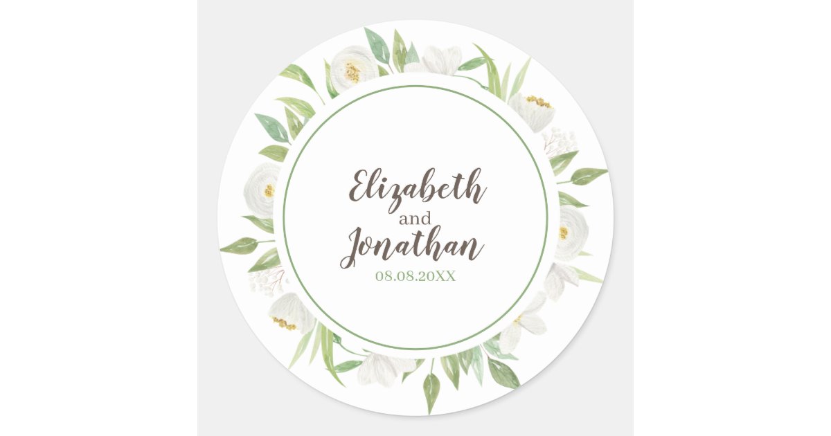 Elegant White & Green Watercolor Floral Wedding Classic Round Sticker ...