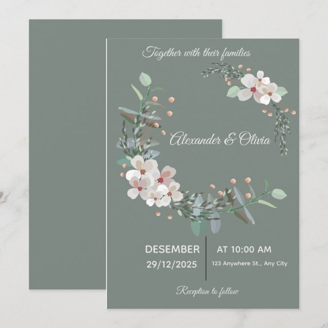 Elegant White & Green Wedding Invitation (Front/Back)