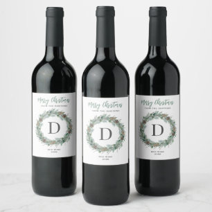 Elegant White Green Wreath Monogram Christmas Wine Label