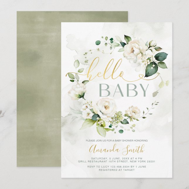 Elegant White Greenery Floral Hello Baby Shower Invitation (Front/Back)