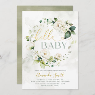 Elegant White Greenery Floral Hello Baby Shower Invitation