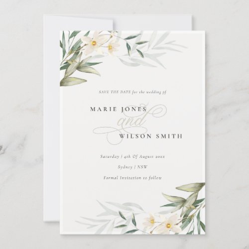 Elegant White Greenery Floral Save the Date Card