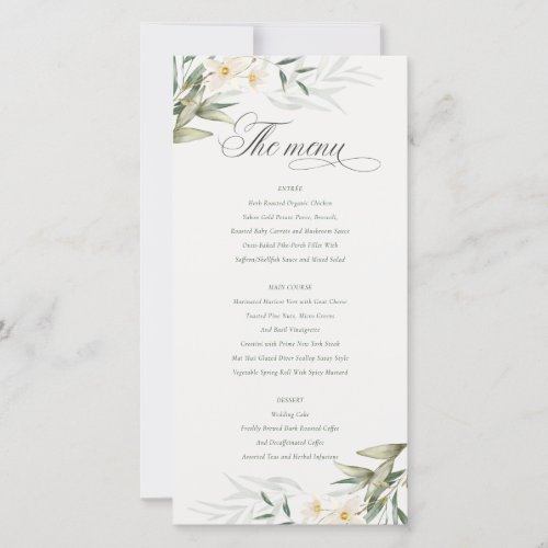 Elegant White Greenery Floral Wedding Menu Card