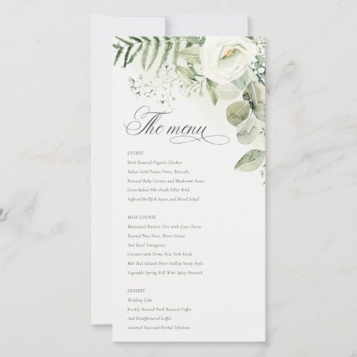Elegant White Greenery Floral Wedding Menu Card
