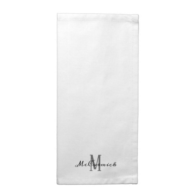 Elegant White Grey Black Script Monogram Name Cloth Napkin (Half Fold)