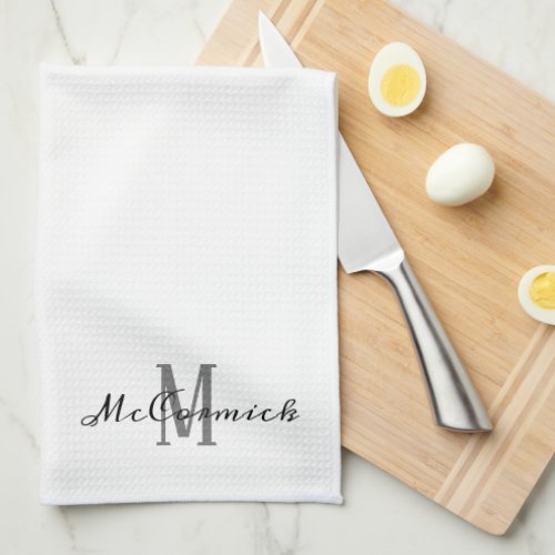 Elegant White Grey Black Script Monogram Name Kitchen Towel