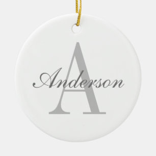 Elegant White & Grey Monogram Ceramic Ornament