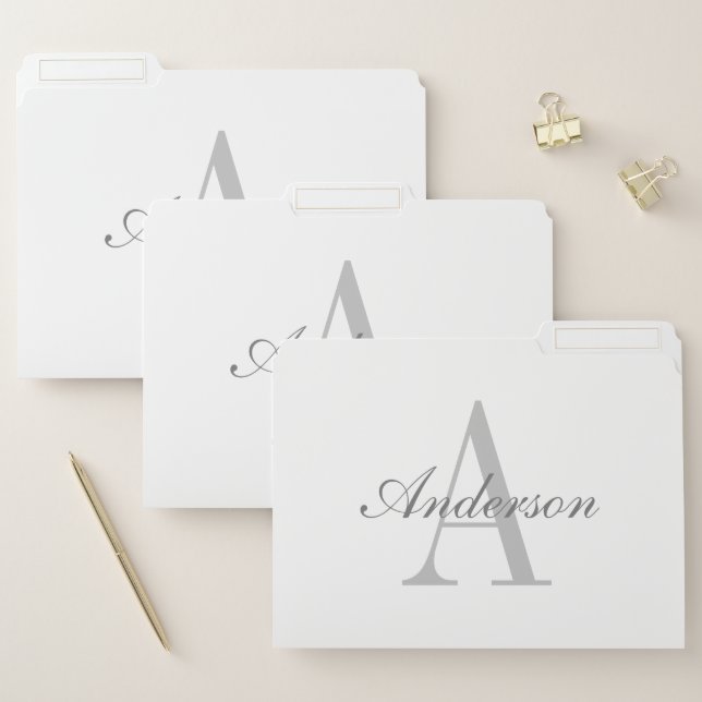 Elegant White & Grey Monogram File Folder (Set)
