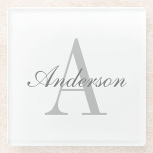 Elegant White & Grey Monogram Glass Coaster