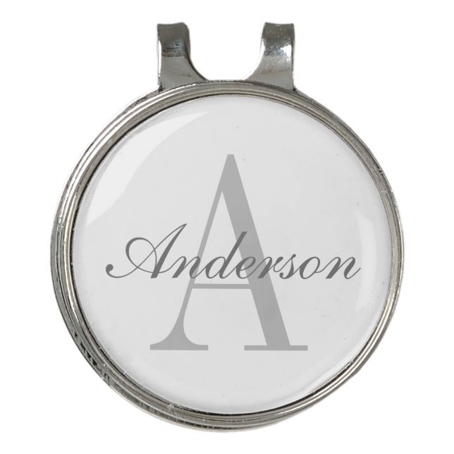 Elegant White & Grey Monogram Golf Hat Clip (Front)