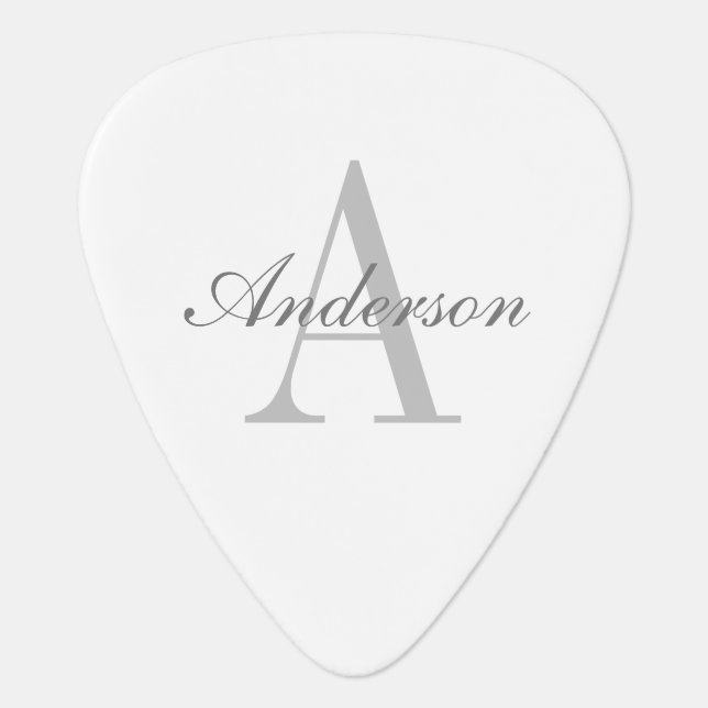 Elegant White & Grey Monogram Guitar Pick (Front)